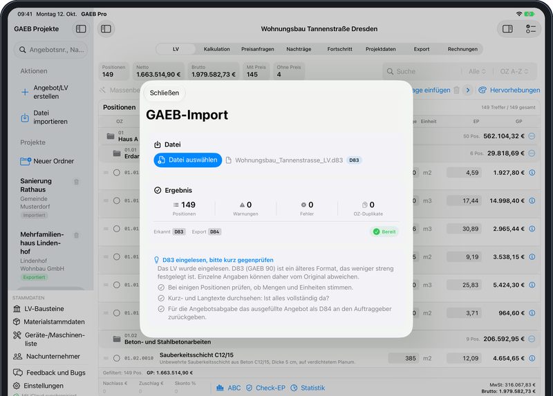 GAEB-Import auf dem iPad: eine D83 mit 149 Positionen, ohne Warnungen und Fehler, Rückgabe als D84, mit Hinweisen zum Gegenprüfen