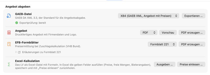 Bereich „Angebot abgeben“ in GAEB Pro: GAEB-Datei als X84 mit Exportprüfung „bereit“, Angebot als PDF, EFB-Formblätter und Excel-Kalkulation