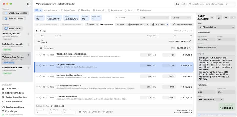 Leistungsverzeichnis in GAEB Pro auf dem Mac: Titel mit Summen, Positionen mit Ordnungszahl, Kurztext, Menge, Einheit und Preisen, rechts der Langtext der gewählten Position